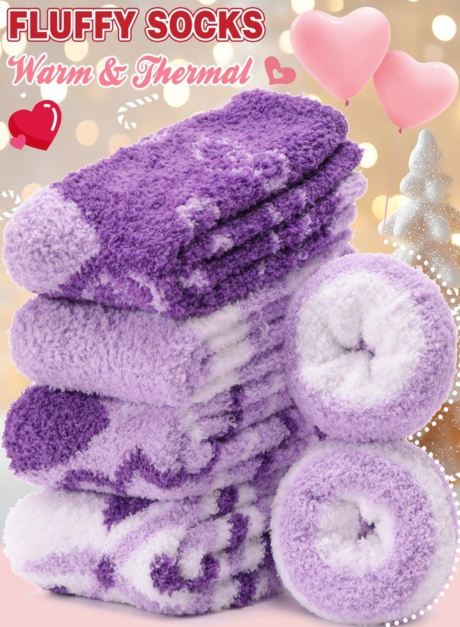 Sandsuced Womens Fuzzy Fluffy Socks Warm Cozy Winter Slipper Thick Crew Fleece Comfy Sleep Plush Heart Socks 5 Pairs Christmas Stocking Stuffers (Purple Heart Stripe,M) - Image 3